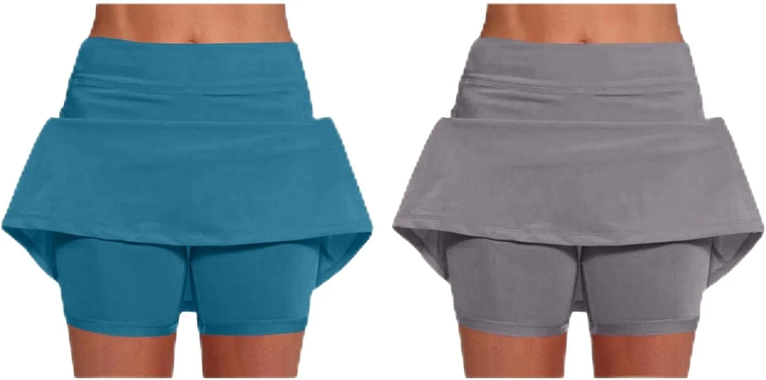 2 Pack Womens Athletic Skirts Basic Running Skorts Lightweight High Waisted Gym Workout Skirt with Built in Shorts