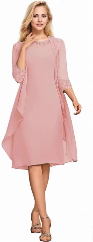 2 Pc Tea Length Mother of The Bride Dresses for Women with Jacket Chiffon Evening Party Gowns with Sleeves