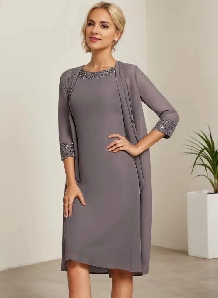 2 Pc Tea Length Mother of The Bride Dresses for Women with Jacket Chiffon Evening Party Gowns with Sleeves