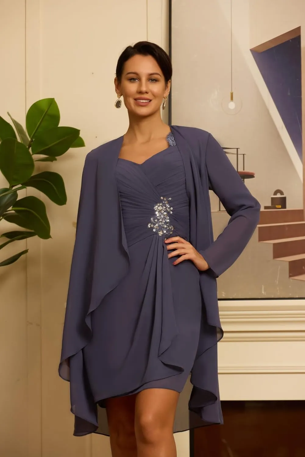 2 Piece Chiffon Mother of The Bride Dresses with Jackets Laces Applique Sequin Mother of The Groom Dresses