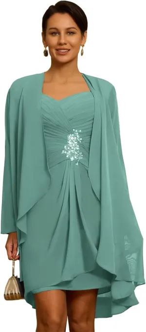 2 Piece Chiffon Mother of The Bride Dresses with Jackets Laces Applique Sequin Mother of The Groom Dresses
