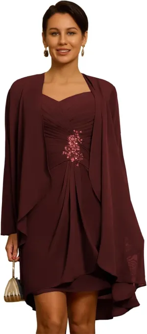 2 Piece Chiffon Mother of The Bride Dresses with Jackets Laces Applique Sequin Mother of The Groom Dresses