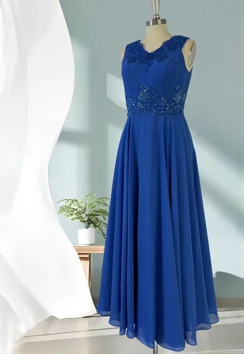 2 Piece Mother of The Bride Dresses with Jacket Chiffon V-Neck Laces Beaded Formal Evening Mother Dress for Wedding