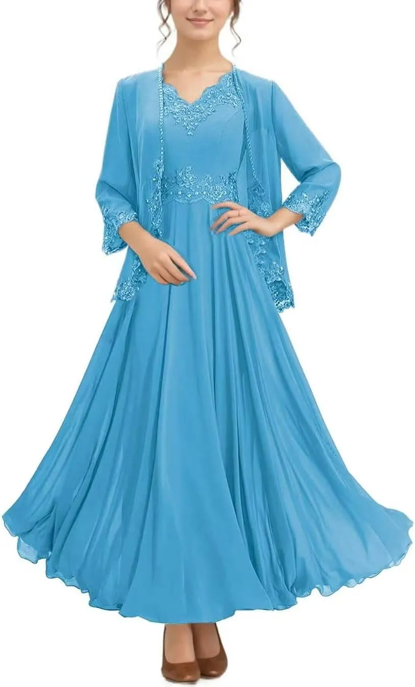 2 Piece Mother of The Bride Dresses with Jacket Chiffon V-Neck Laces Beaded Formal Evening Mother Dress for Wedding