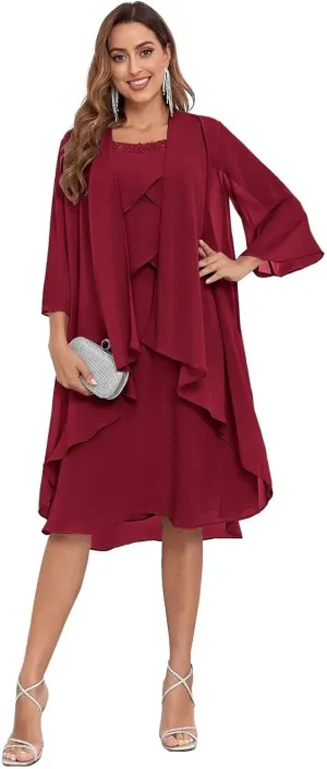2 Piece Mother of The Bride Dresses with Jacket for Wedding Flutter Formal Dresses Chiffon Evening Gowns for Women