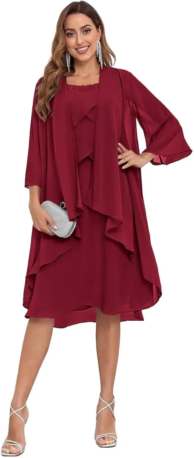 2 Piece Mother of The Bride Dresses with Jacket for Wedding Flutter Formal Dresses Chiffon Evening Gowns for Women