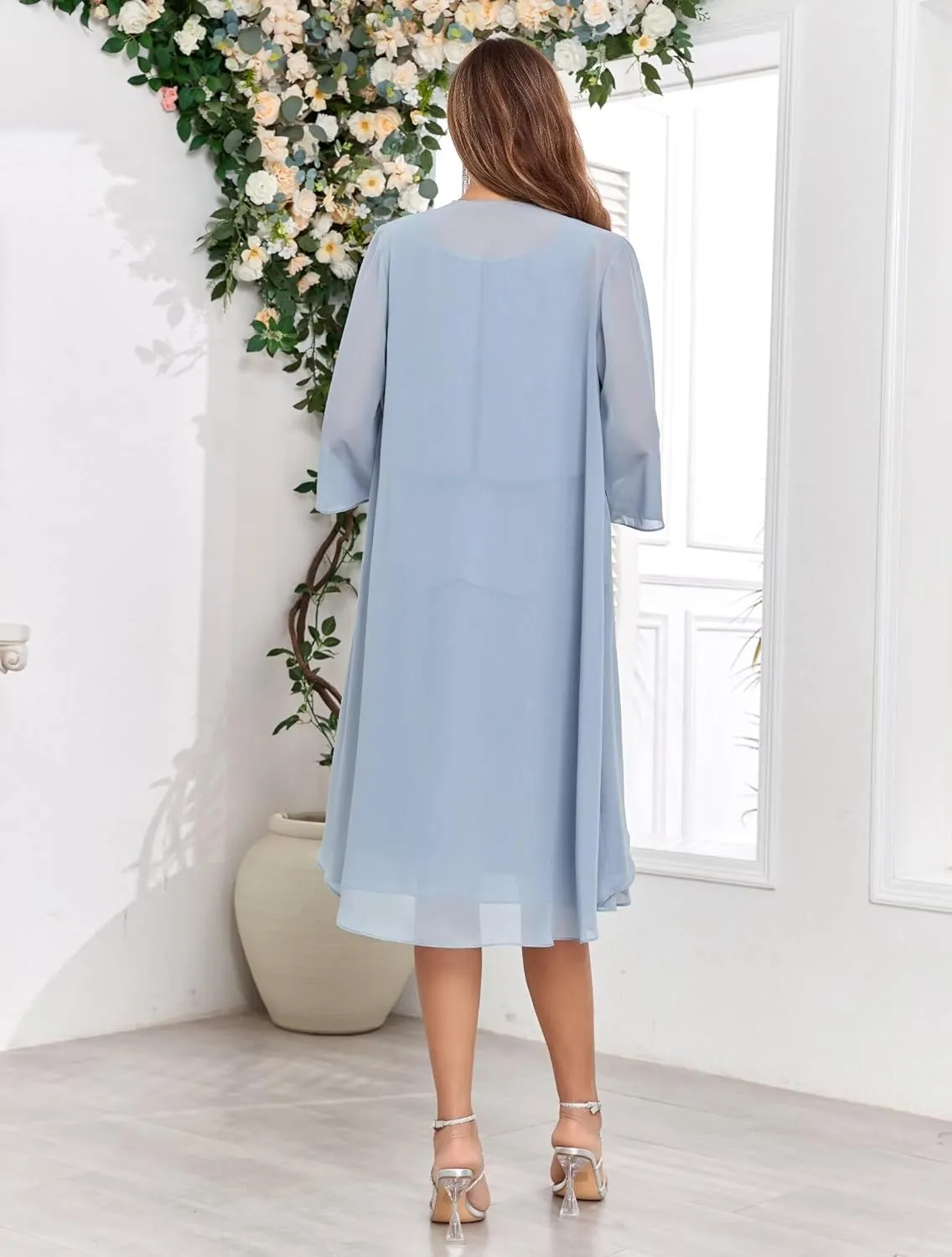 2 Piece Mother of The Bride Dresses with Jacket for Wedding Flutter Formal Dresses Chiffon Evening Gowns for Women