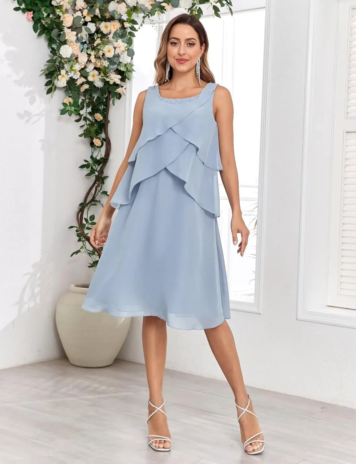 2 Piece Mother of The Bride Dresses with Jacket for Wedding Flutter Formal Dresses Chiffon Evening Gowns for Women
