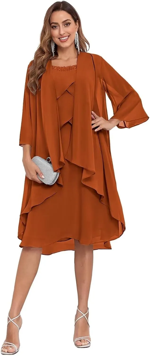 2 Piece Mother of The Bride Dresses with Jacket for Wedding Flutter Formal Dresses Chiffon Evening Gowns for Women