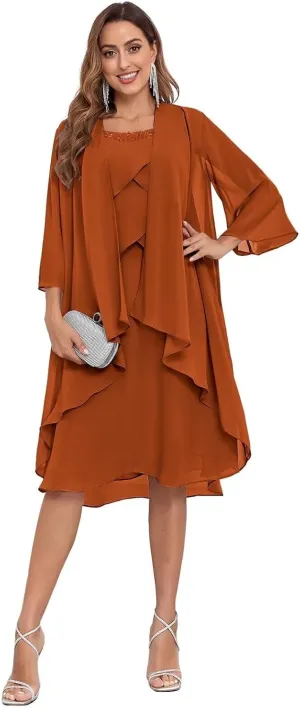 2 Piece Mother of The Bride Dresses with Jacket for Wedding Flutter Formal Dresses Chiffon Evening Gowns for Women