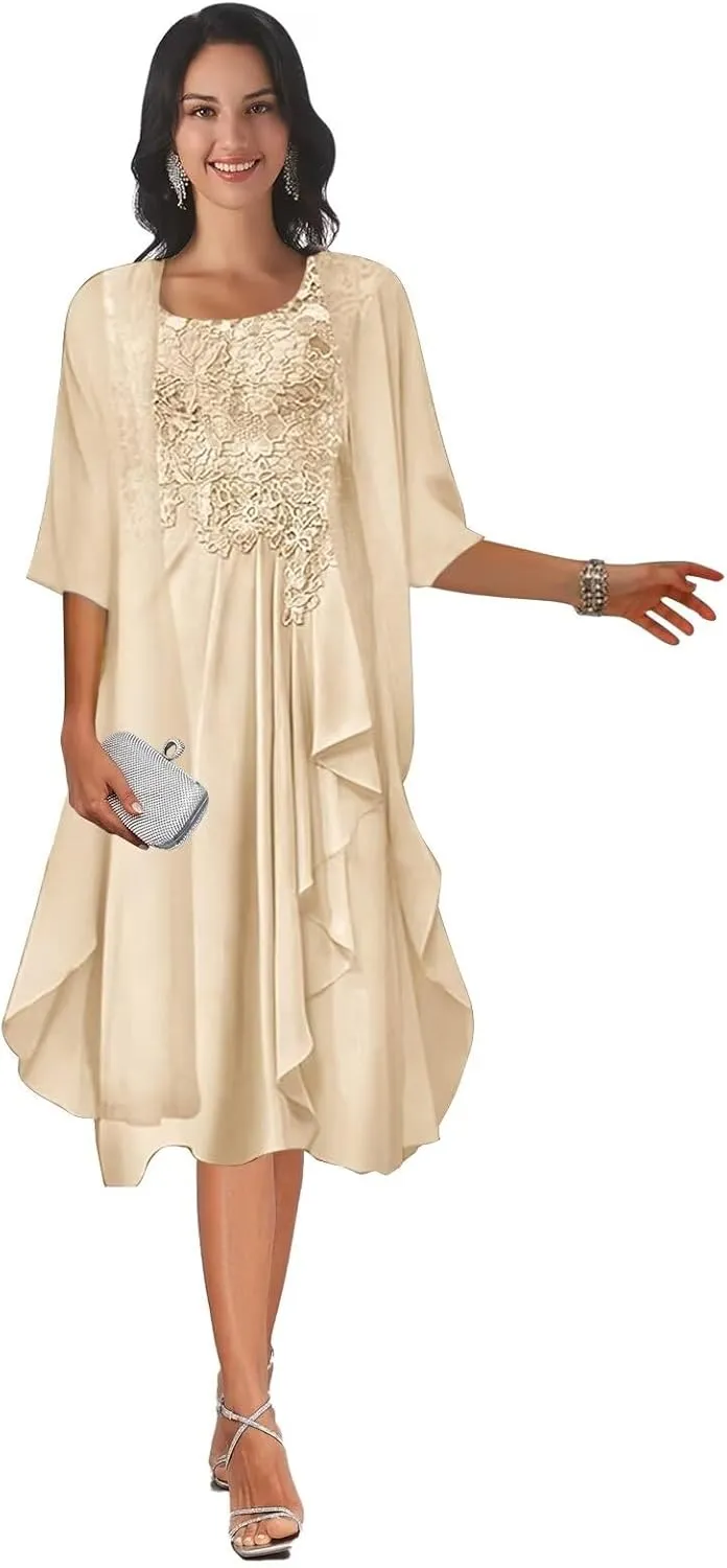 2 Piece Tea Length Mother of The Bride Dresses with Jacket Scoop Neck Lace Applique Chiffon Formal Dresses