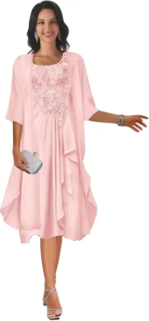 2 Piece Tea Length Mother of The Bride Dresses with Jacket Scoop Neck Lace Applique Chiffon Formal Dresses