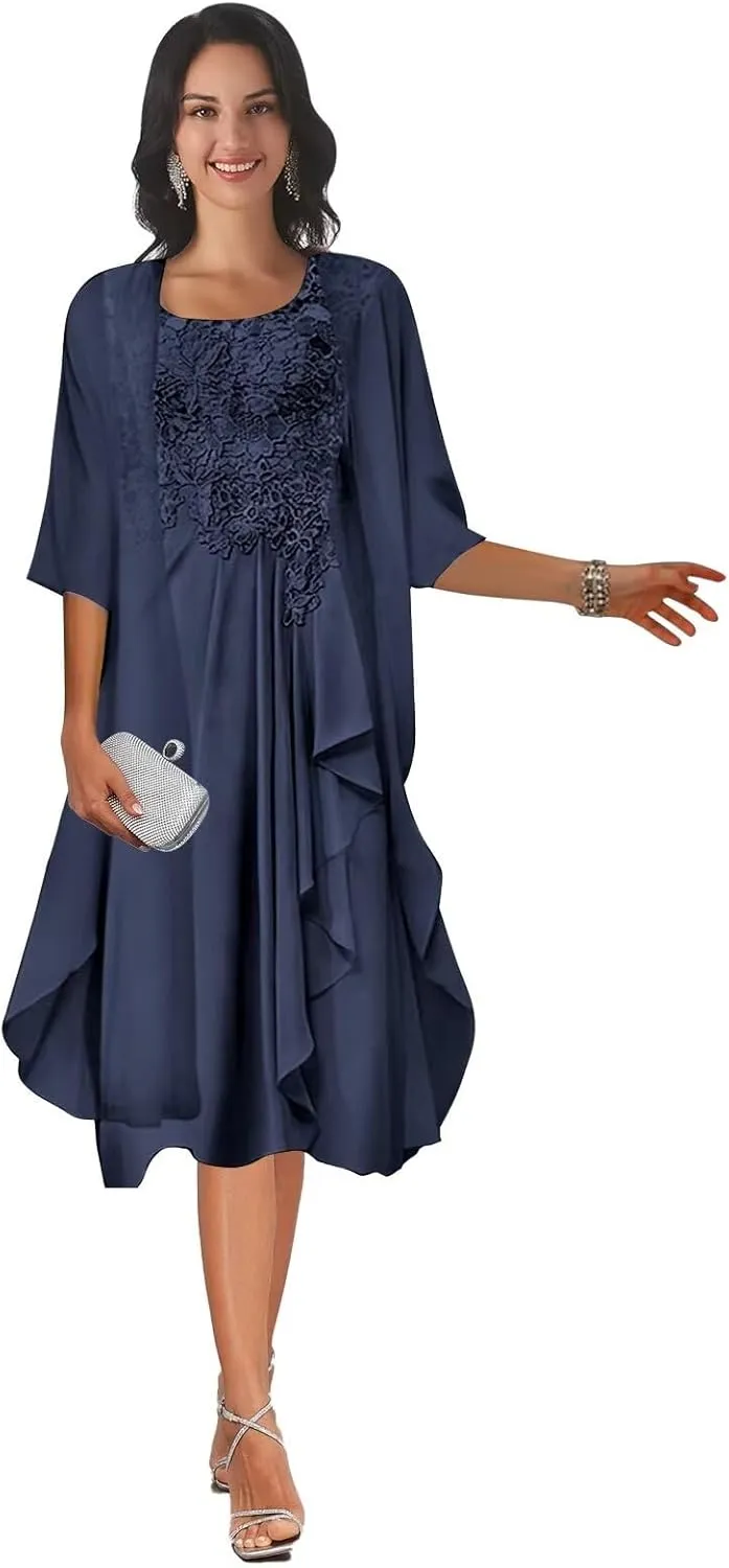 2 Piece Tea Length Mother of The Bride Dresses with Jacket Scoop Neck Lace Applique Chiffon Formal Dresses