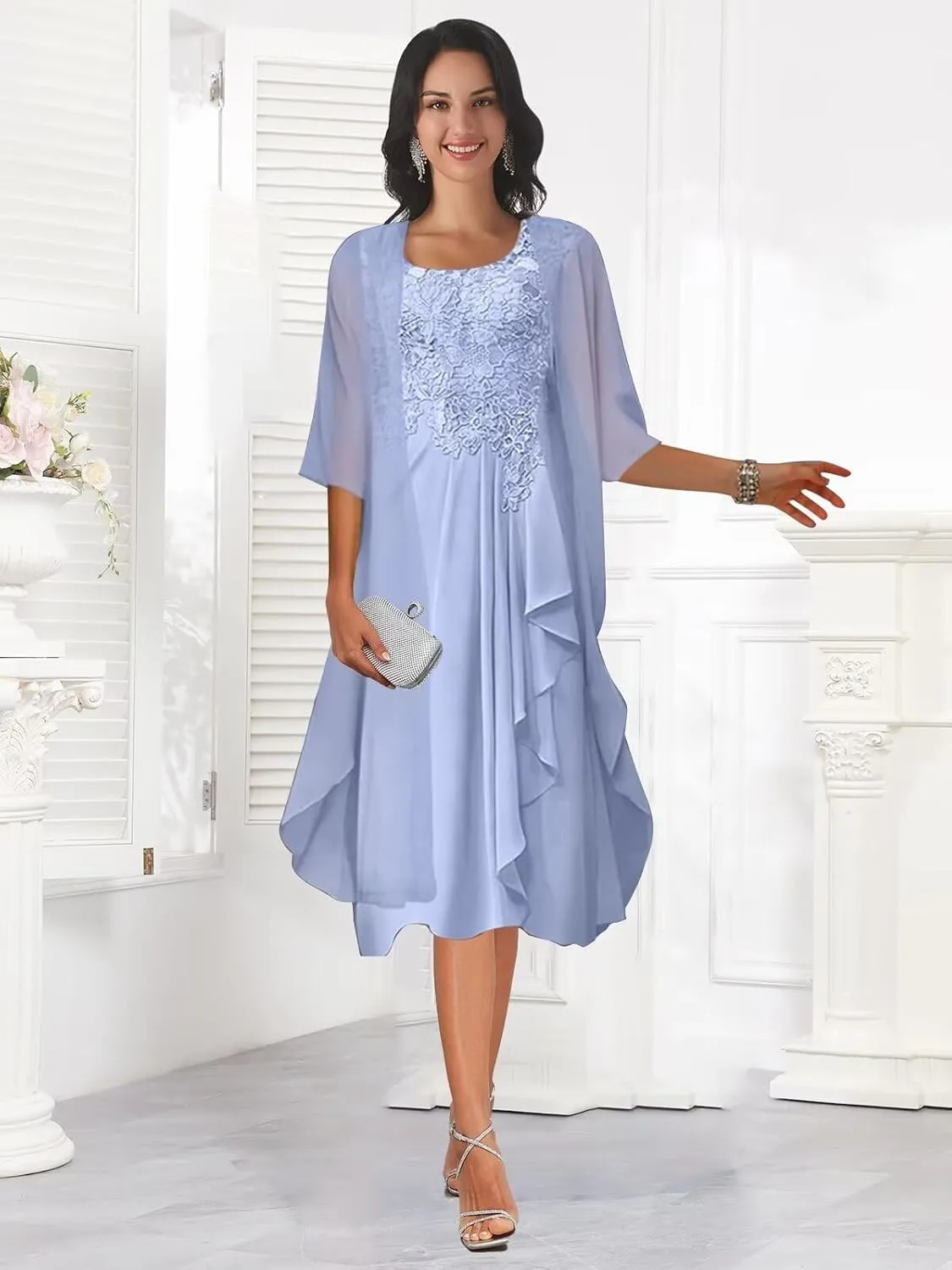 2 Piece Tea Length Mother of The Bride Dresses with Jacket Scoop Neck Lace Applique Chiffon Formal Dresses