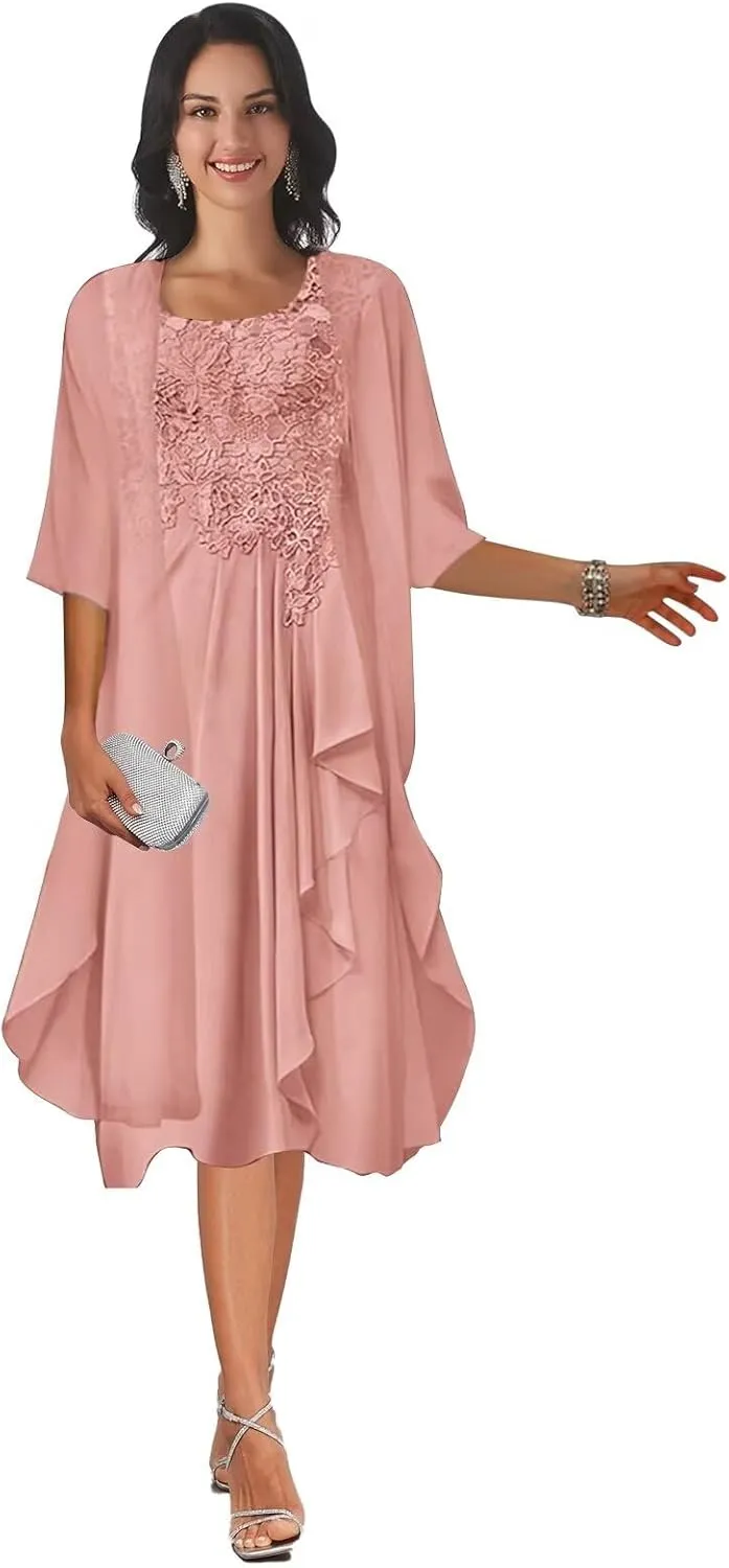2 Piece Tea Length Mother of The Bride Dresses with Jacket Scoop Neck Lace Applique Chiffon Formal Dresses