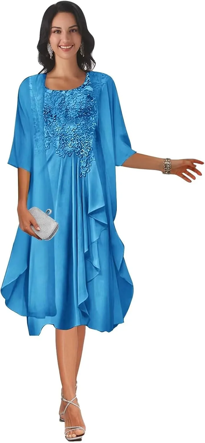 2 Piece Tea Length Mother of The Bride Dresses with Jacket Scoop Neck Lace Applique Chiffon Formal Dresses