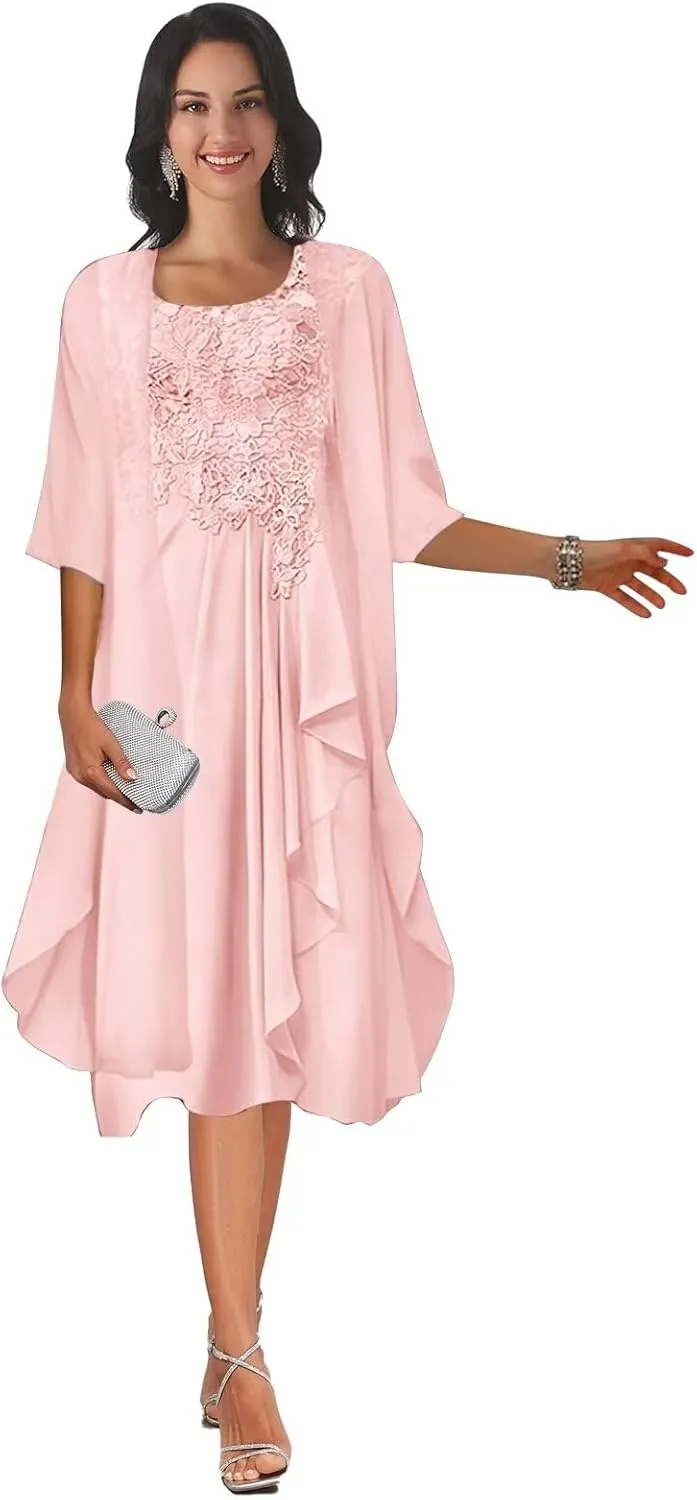 2 Piece Tea Length Mother of The Bride Dresses with Jacket Scoop Neck Lace Applique Chiffon Formal Dresses