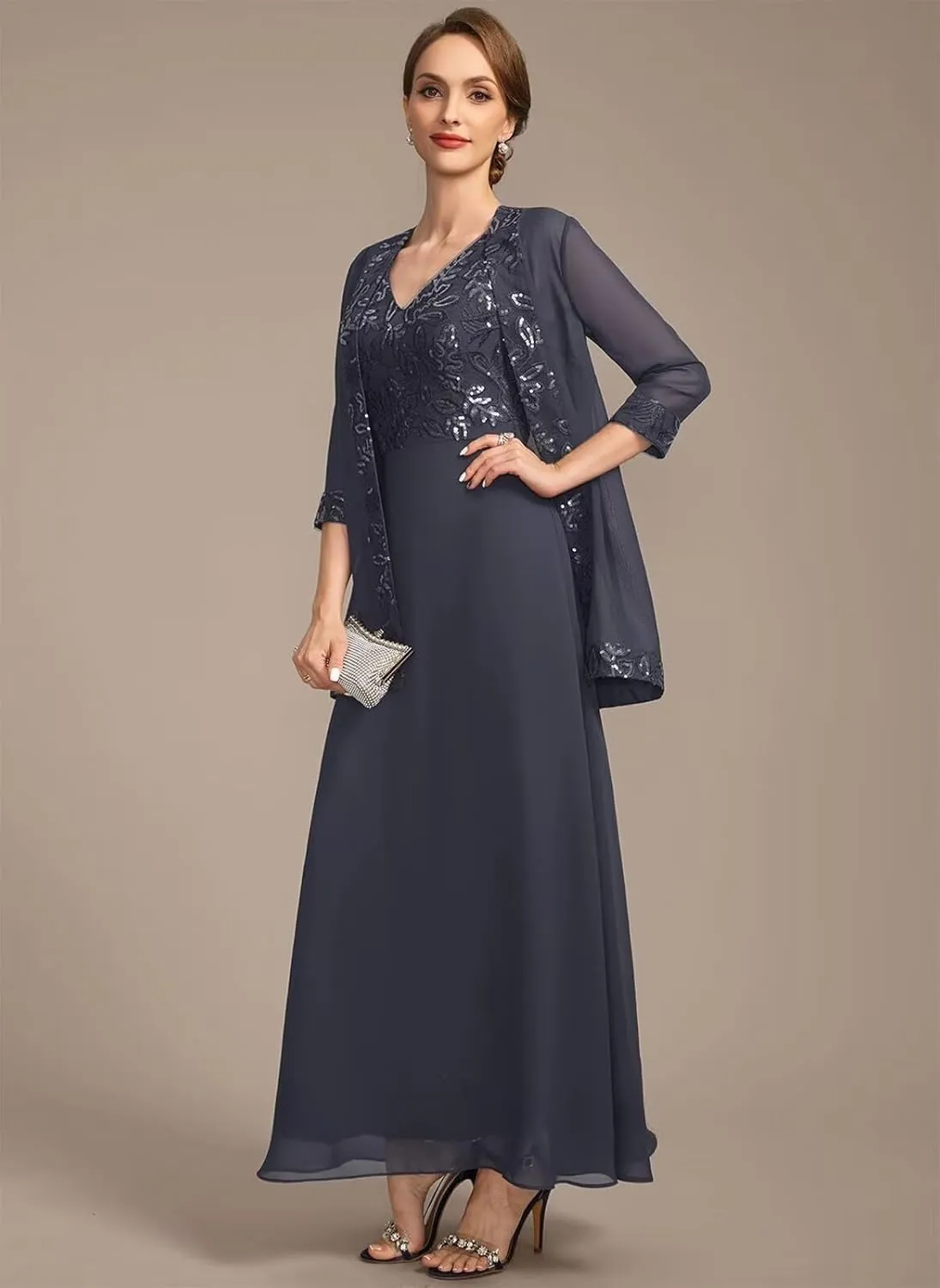 2 Pieces Lace Appliques Mother of The Bride Dresses for Wedding 3/4 Sleeve V-Neck Formal Evening Gowns with Pockets