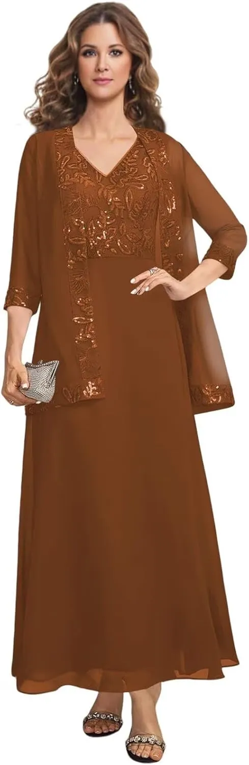 2 Pieces Lace Appliques Mother of The Bride Dresses for Wedding 3/4 Sleeve V-Neck Formal Evening Gowns with Pockets