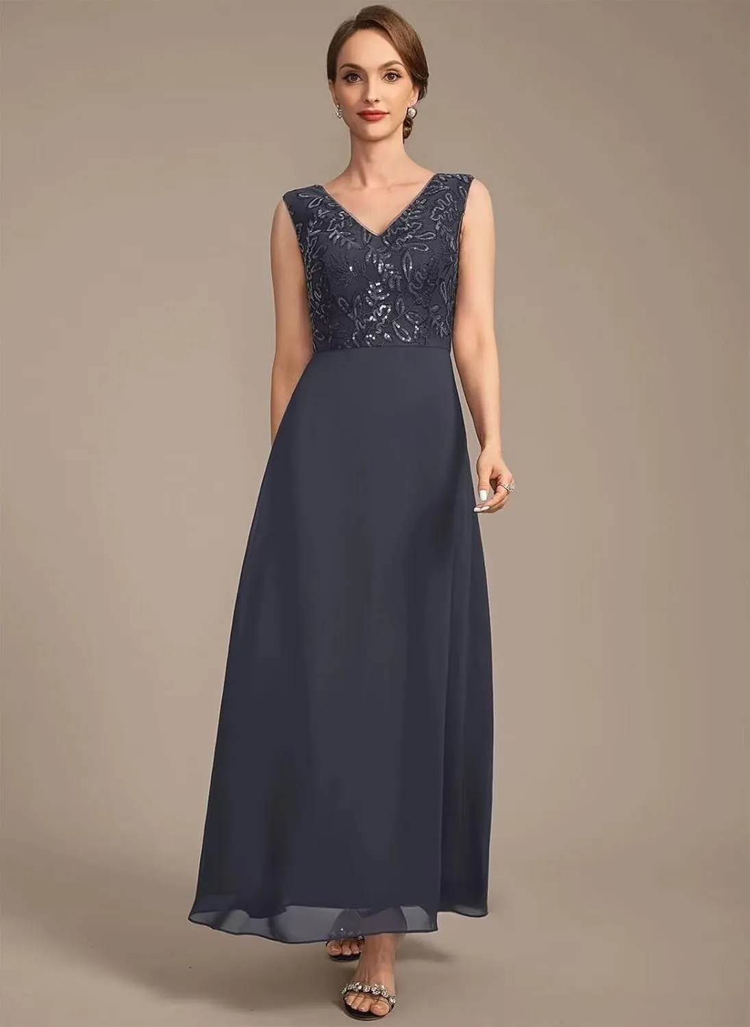 2 Pieces Lace Appliques Mother of The Bride Dresses for Wedding 3/4 Sleeve V-Neck Formal Evening Gowns with Pockets