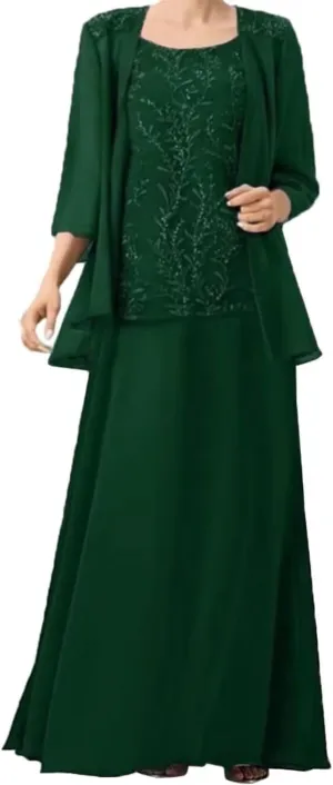 2-Pieces Long Mother of The Groom Dress Laces Mother of Bride Dress with Jacket Chiffon Formal Evening Gowns Emerald-Green