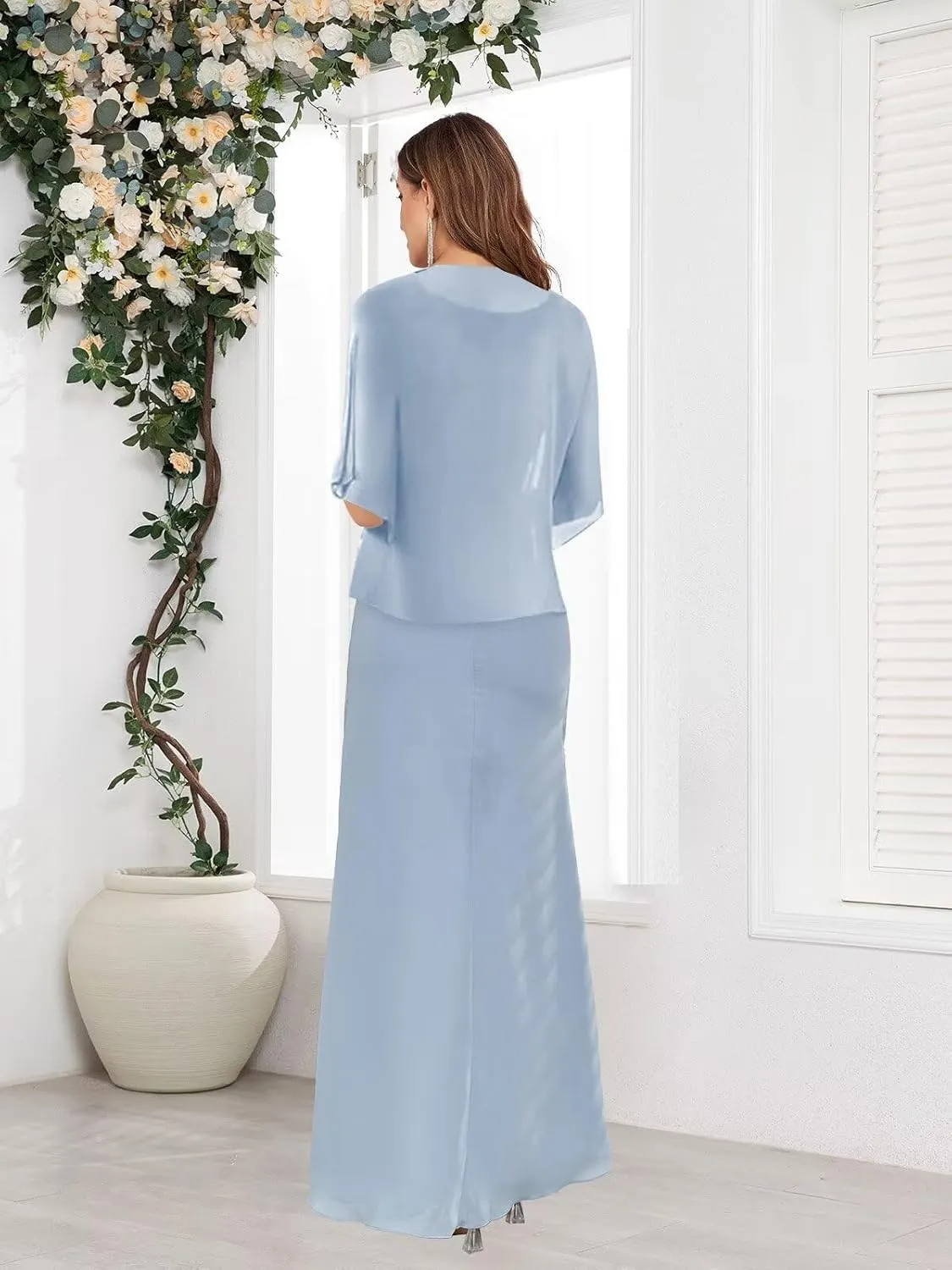 2 Pieces Mermaid Mother of The Bride Dresses with Jacket for Women Chiffon Lace Applique Formal Evening Dress