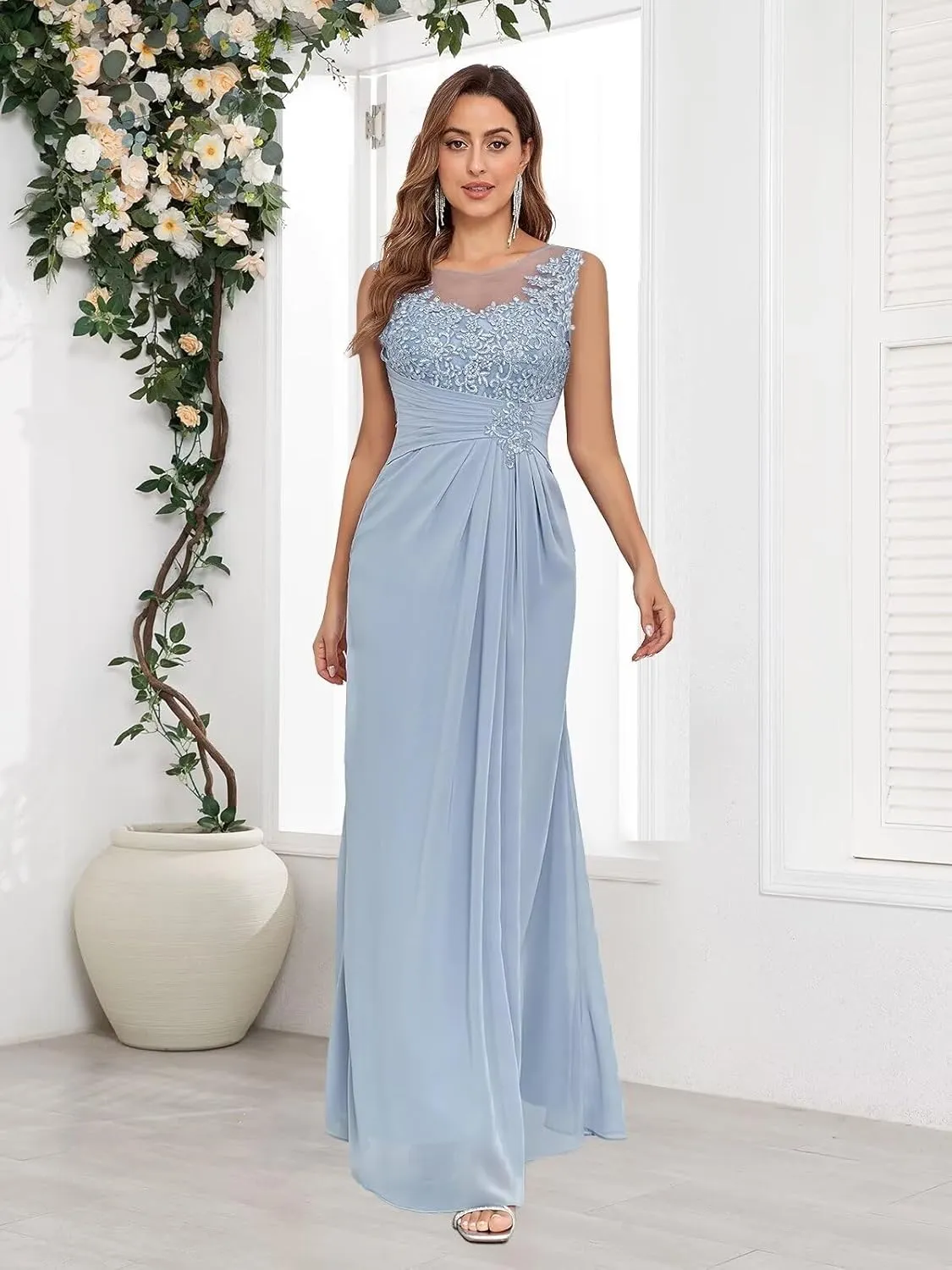 2 Pieces Mermaid Mother of The Bride Dresses with Jacket for Women Chiffon Lace Applique Formal Evening Dress