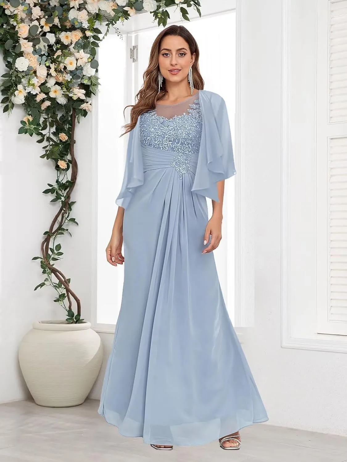 2 Pieces Mermaid Mother of The Bride Dresses with Jacket for Women Chiffon Lace Applique Formal Evening Dress