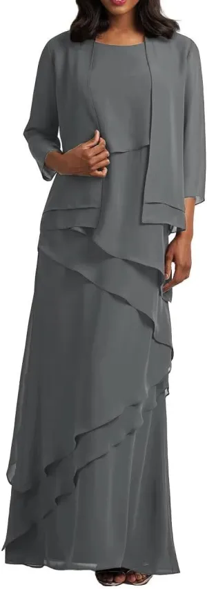 2-Pieces Mother of Bride Dress with Jacket Layered Chiffon Formal Evening Gowns Scoop Neck Mother of The Groom Dress Grey