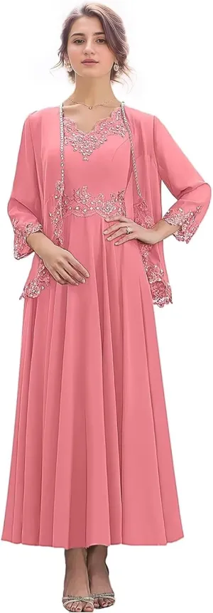 2 Pieces Mother of The Bride Dresses for Wedding 3/4 Sleeves Chiffon Long Formal Dress for Women 2025 Elegant
