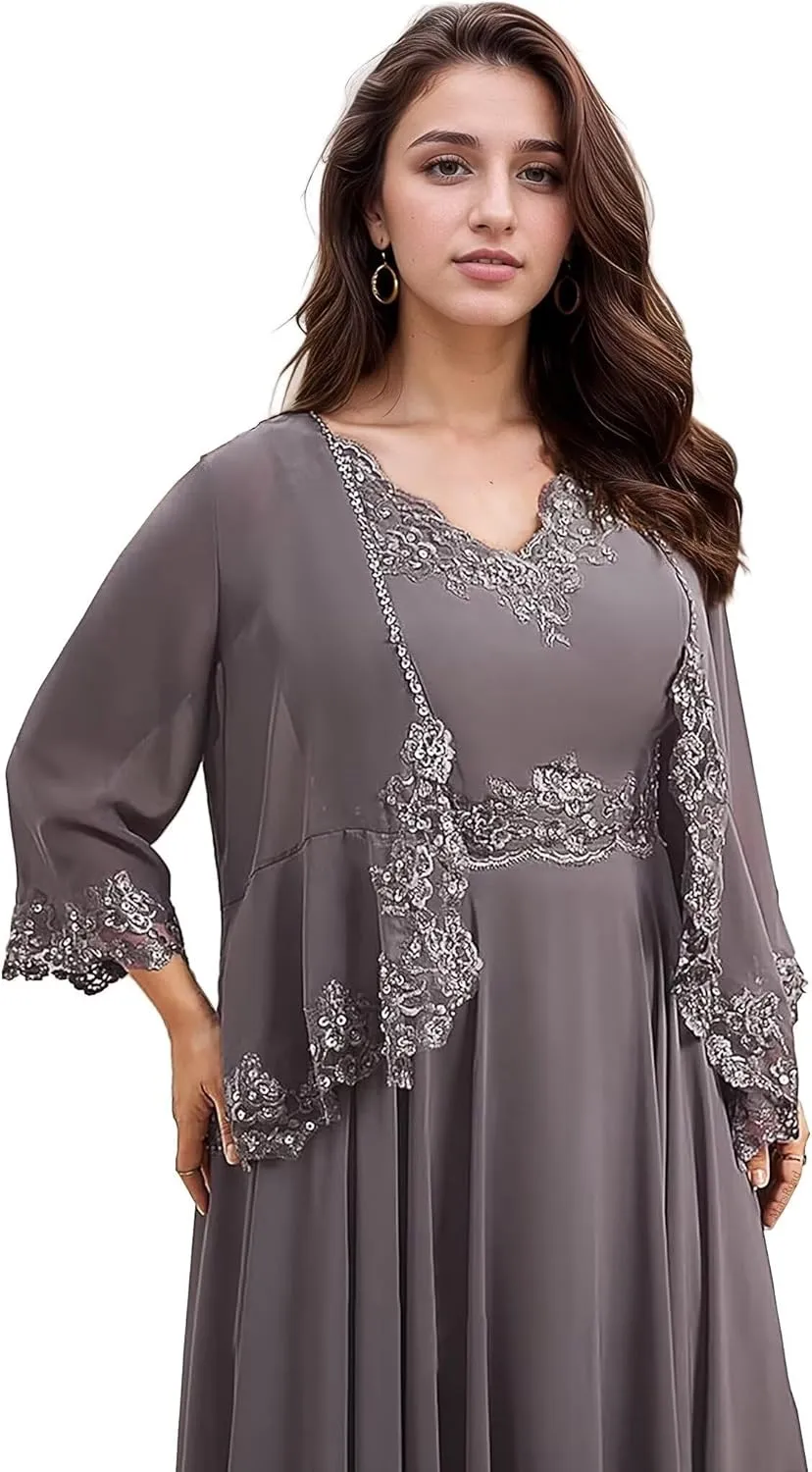 2 Pieces Mother of The Bride Dresses for Wedding 3/4 Sleeves Chiffon Long Formal Dress for Women 2025 Elegant
