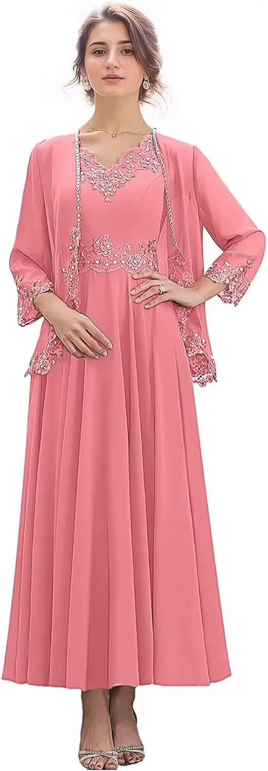 2 Pieces Mother of The Bride Dresses for Wedding 3/4 Sleeves Chiffon Long Formal Dress for Women 2025 Elegant