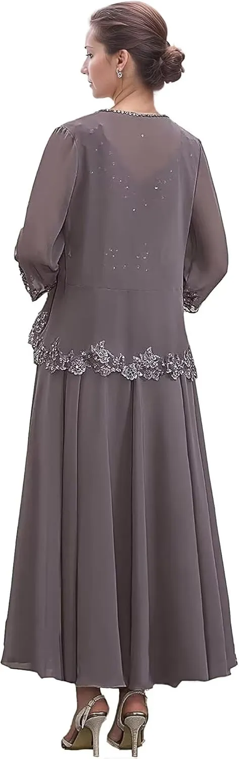2 Pieces Mother of The Bride Dresses for Wedding 3/4 Sleeves Chiffon Long Formal Dress for Women 2025 Elegant