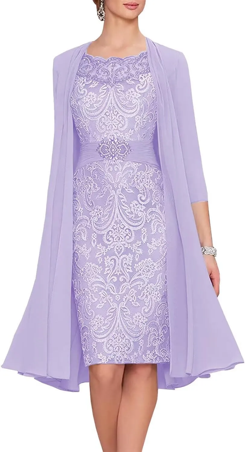 2 Pieces Mother of The Bride Dresses for Wedding Laces Chiffon Formal Evening Gowns with Jacket