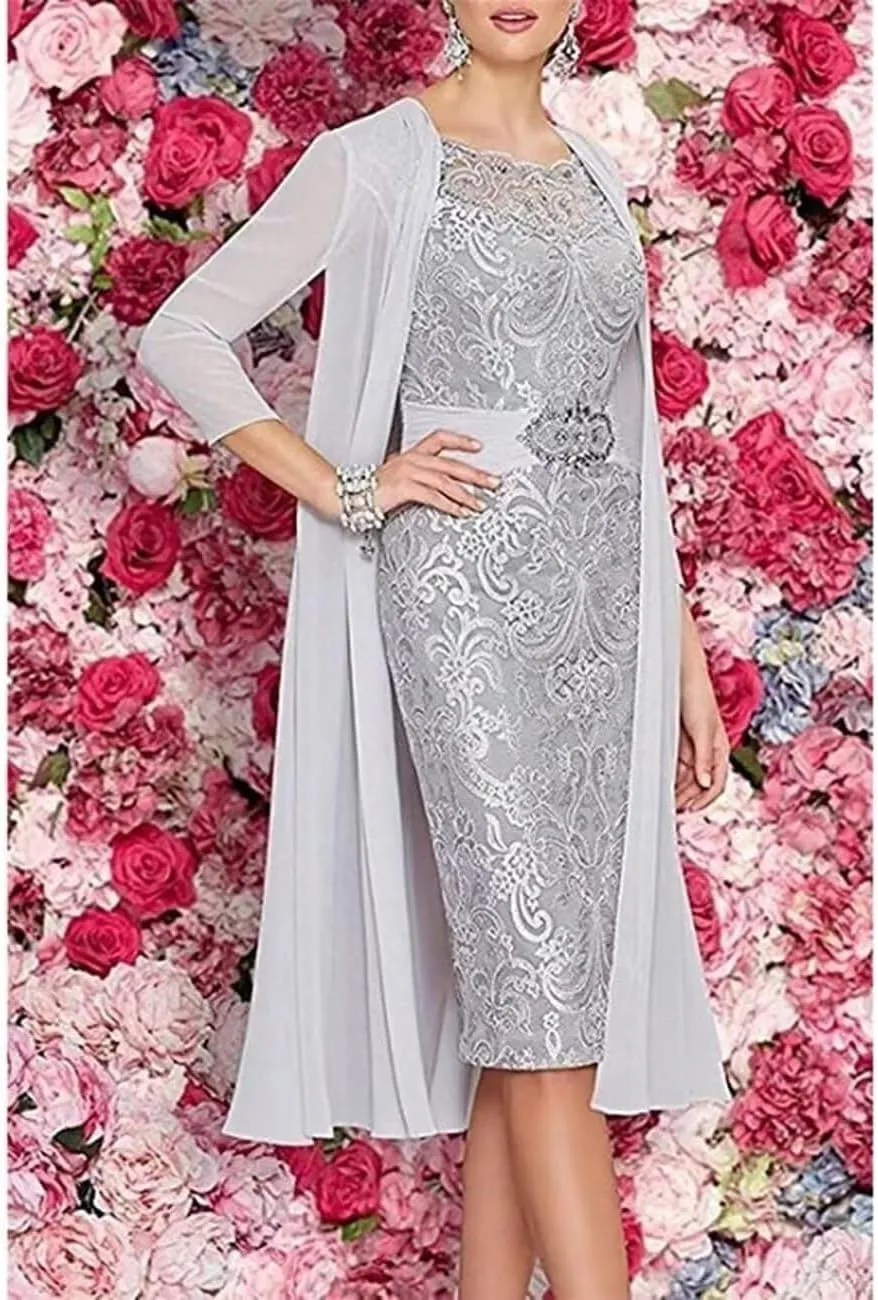 2 Pieces Mother of The Bride Dresses for Wedding Laces Chiffon Formal Evening Gowns with Jacket