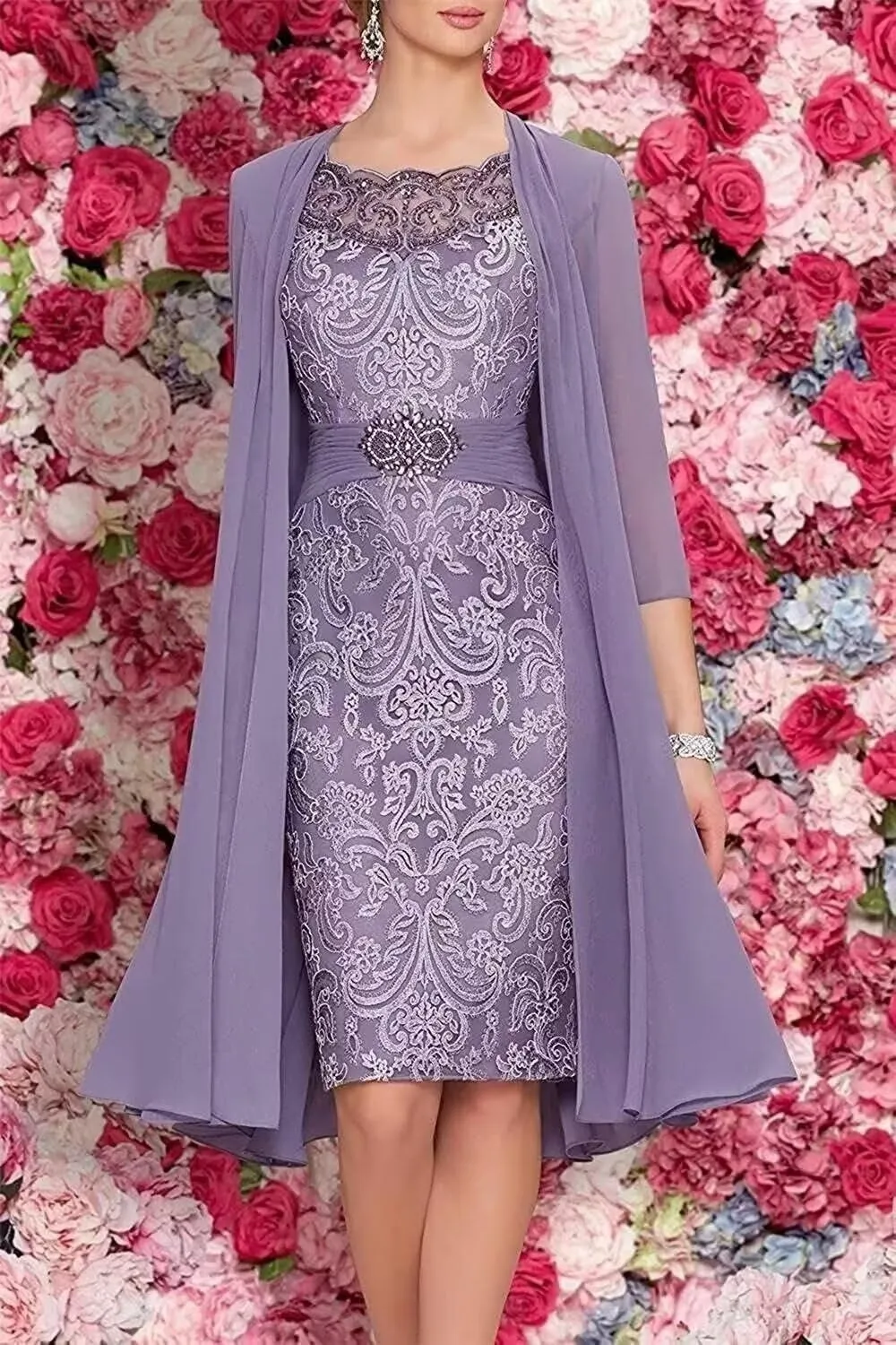 2 Pieces Mother of The Bride Dresses for Wedding Laces Chiffon Formal Evening Gowns with Jacket