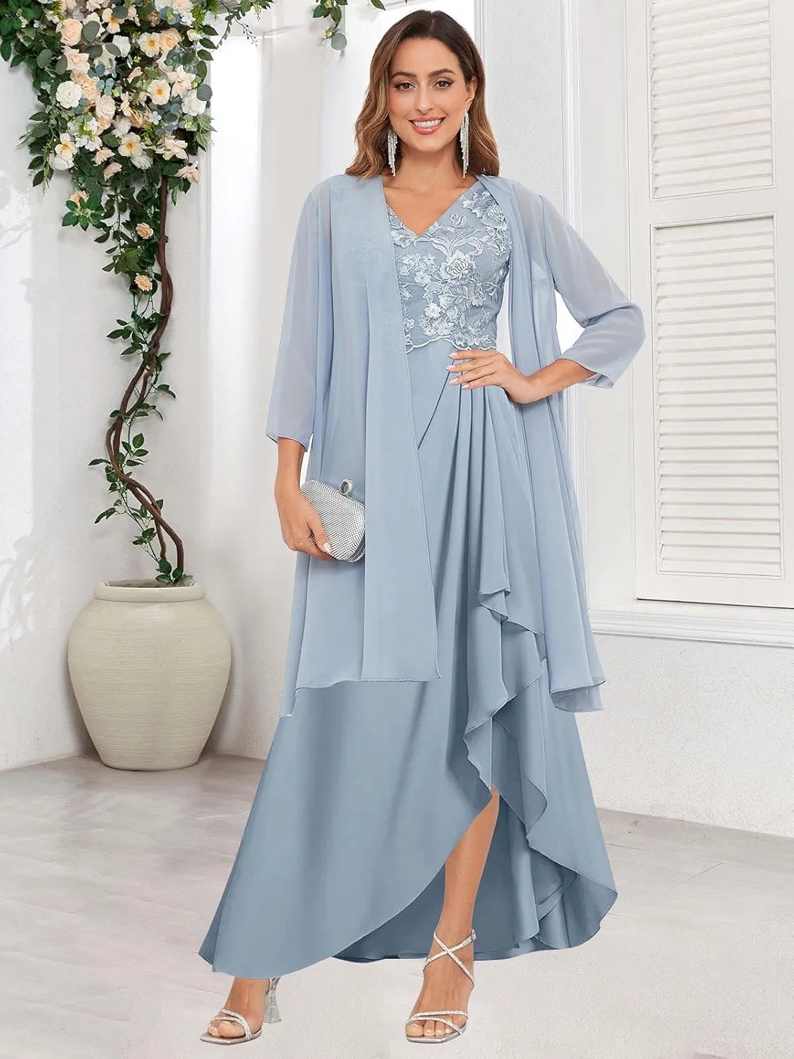 2 Pieces Mother of The Bride Dresses for Wedding Long Lace Chiffon Formal Evening Gowns with Jacket