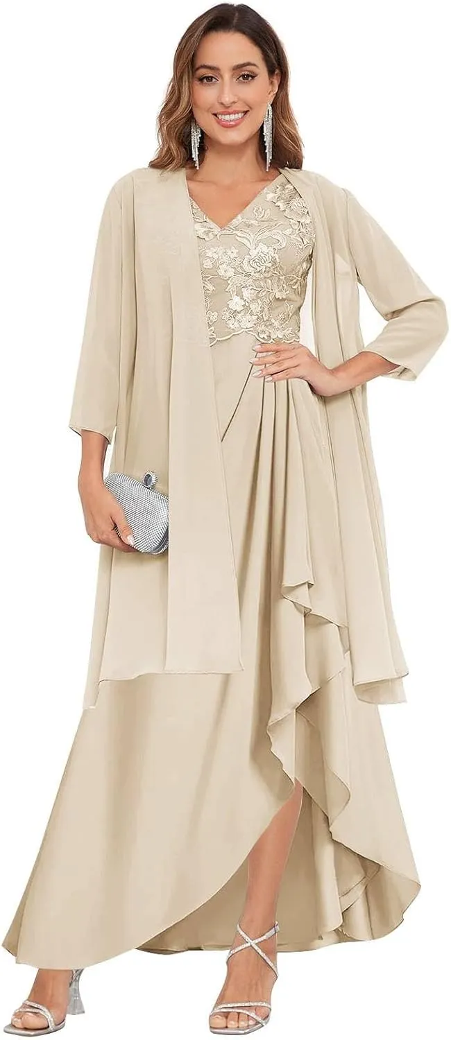 2 Pieces Mother of The Bride Dresses for Wedding Long Lace Chiffon Formal Evening Gowns with Jacket