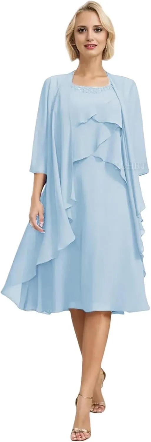 2 Pieces Mother of The Bride Dresses for Wedding Tiered Beaded Chiffon Knee Length Formal Evening Gowns with Jacket