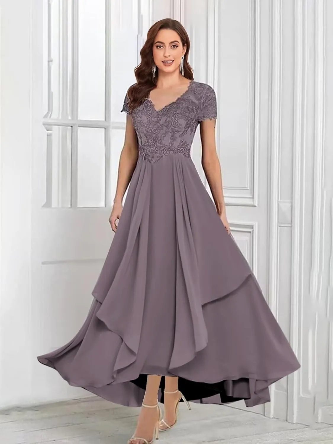 2 Pieces Mother of The Bride Dresses for Wedding V Neck Lace Formal Gowns and Evening Dresses