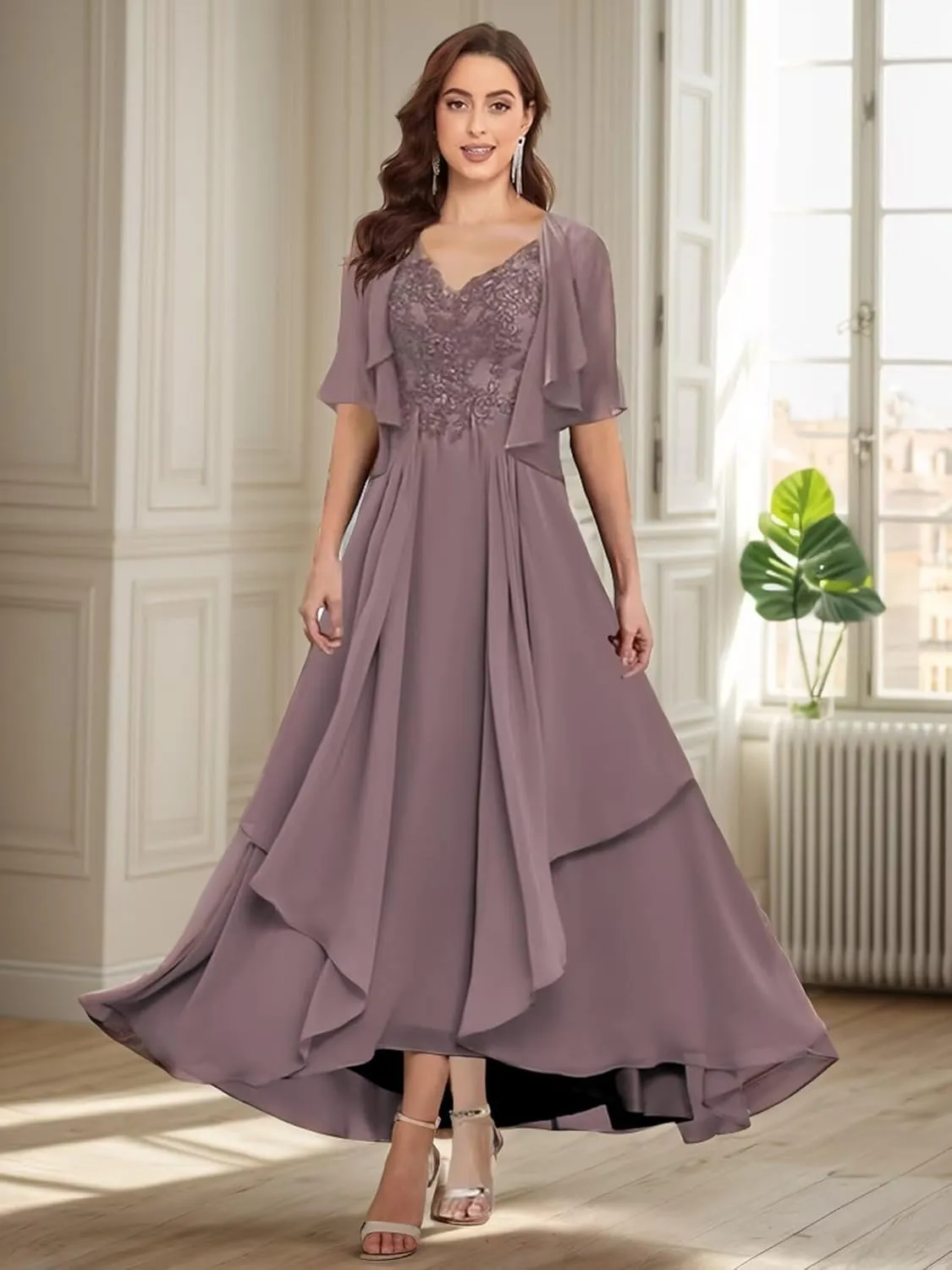 2 Pieces Mother of The Bride Dresses for Wedding V Neck Lace Formal Gowns and Evening Dresses