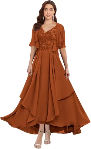 2 Pieces Mother of The Bride Dresses for Wedding V Neck Lace Formal Gowns and Evening Dresses