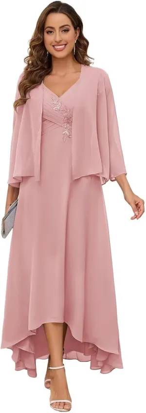 2 Pieces Mother of The Bride Dresses for Wedding V Neck Long Sleeve Lace Formal Evening Dress