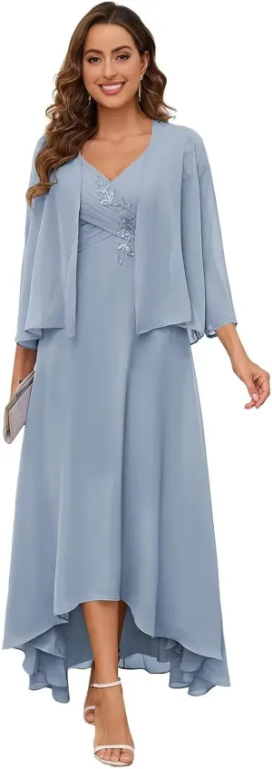 2 Pieces Mother of The Bride Dresses for Wedding V Neck Long Sleeve Lace Formal Evening Dress