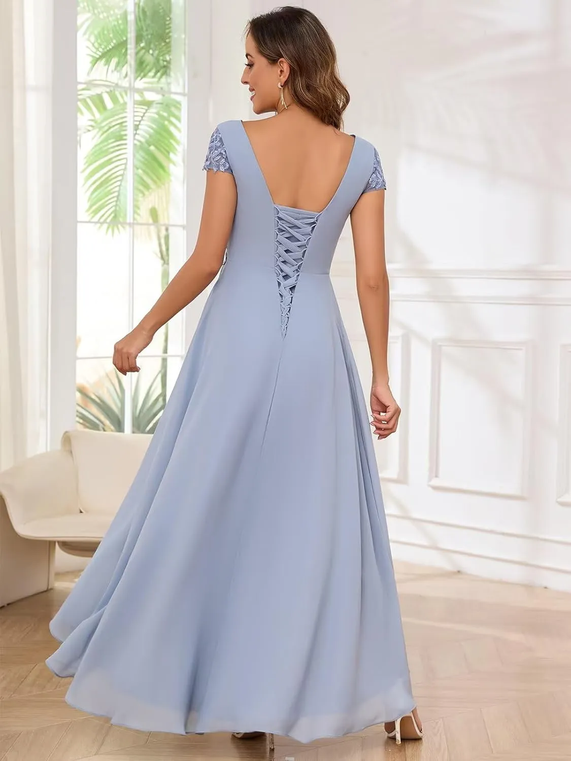 2 Pieces Mother of The Bride Dresses for Wedding V Neck Long Sleeve Lace Formal Evening Dress
