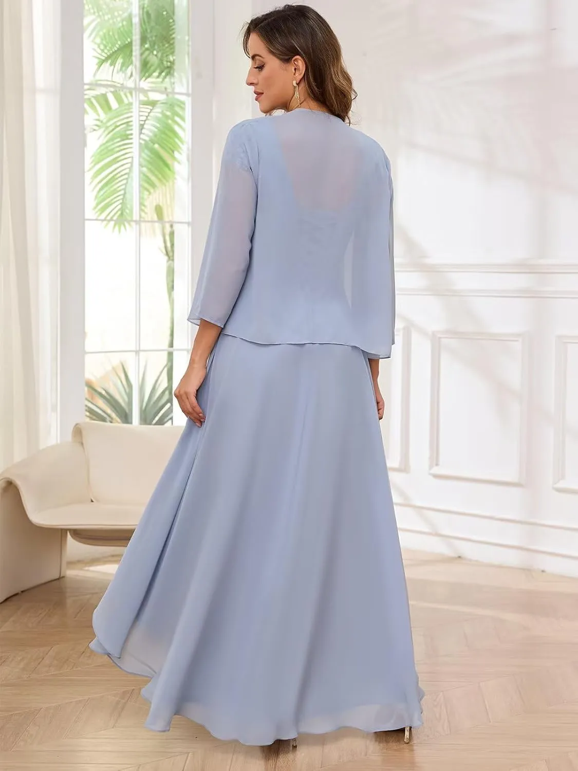 2 Pieces Mother of The Bride Dresses for Wedding V Neck Long Sleeve Lace Formal Evening Dress