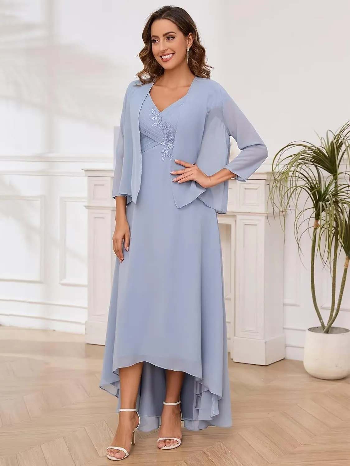 2 Pieces Mother of The Bride Dresses for Wedding V Neck Long Sleeve Lace Formal Evening Dress