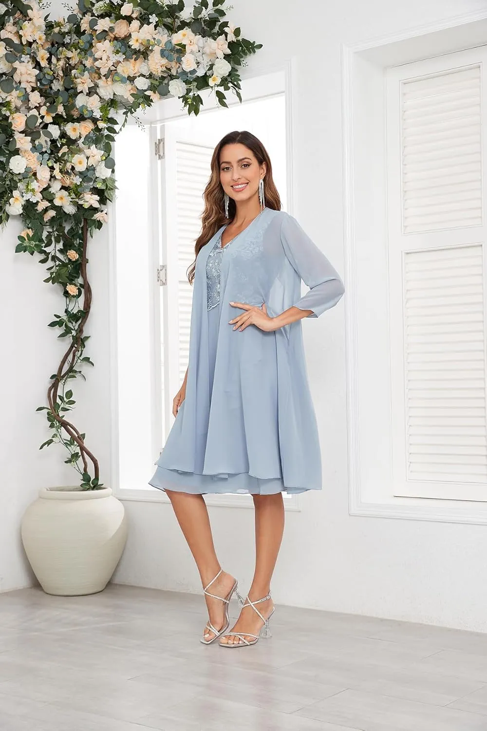 2 Pieces Mother of The Bride Dresses for Wedding with Jacket 3/4 Sleeve Lace Chiffon Evening Formal Gown