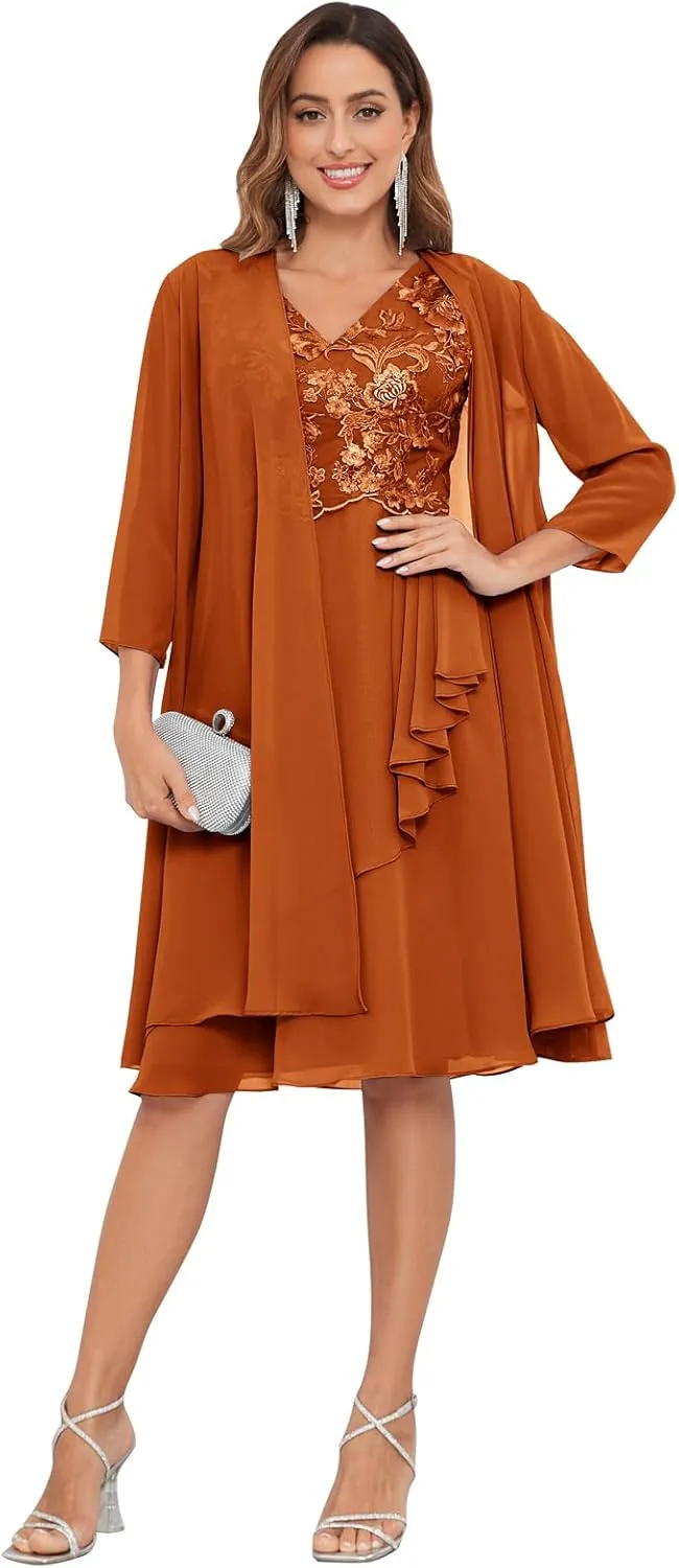 2 Pieces Mother of The Bride Dresses for Wedding with Jacket 3/4 Sleeve Lace Chiffon Evening Formal Gown