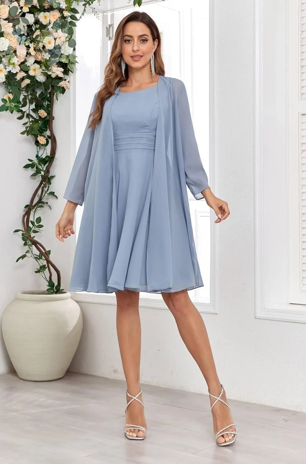 2 Pieces Mother of The Bride Dresses for Wedding with Jacket Chiffon Pleated Formal Evening Gown